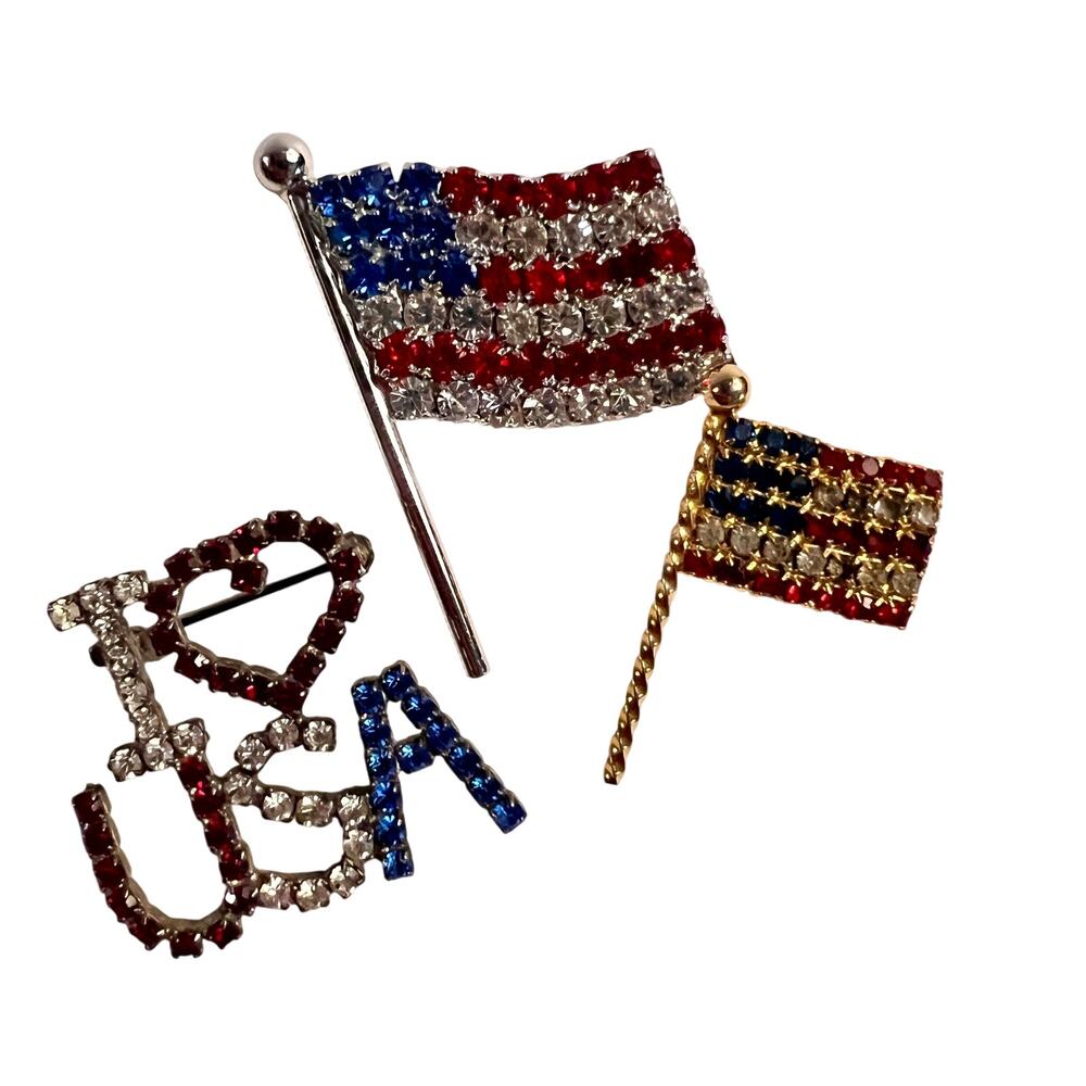 Vintage brooches I Love USA American flags patriotic rhinestone pin retro bundle